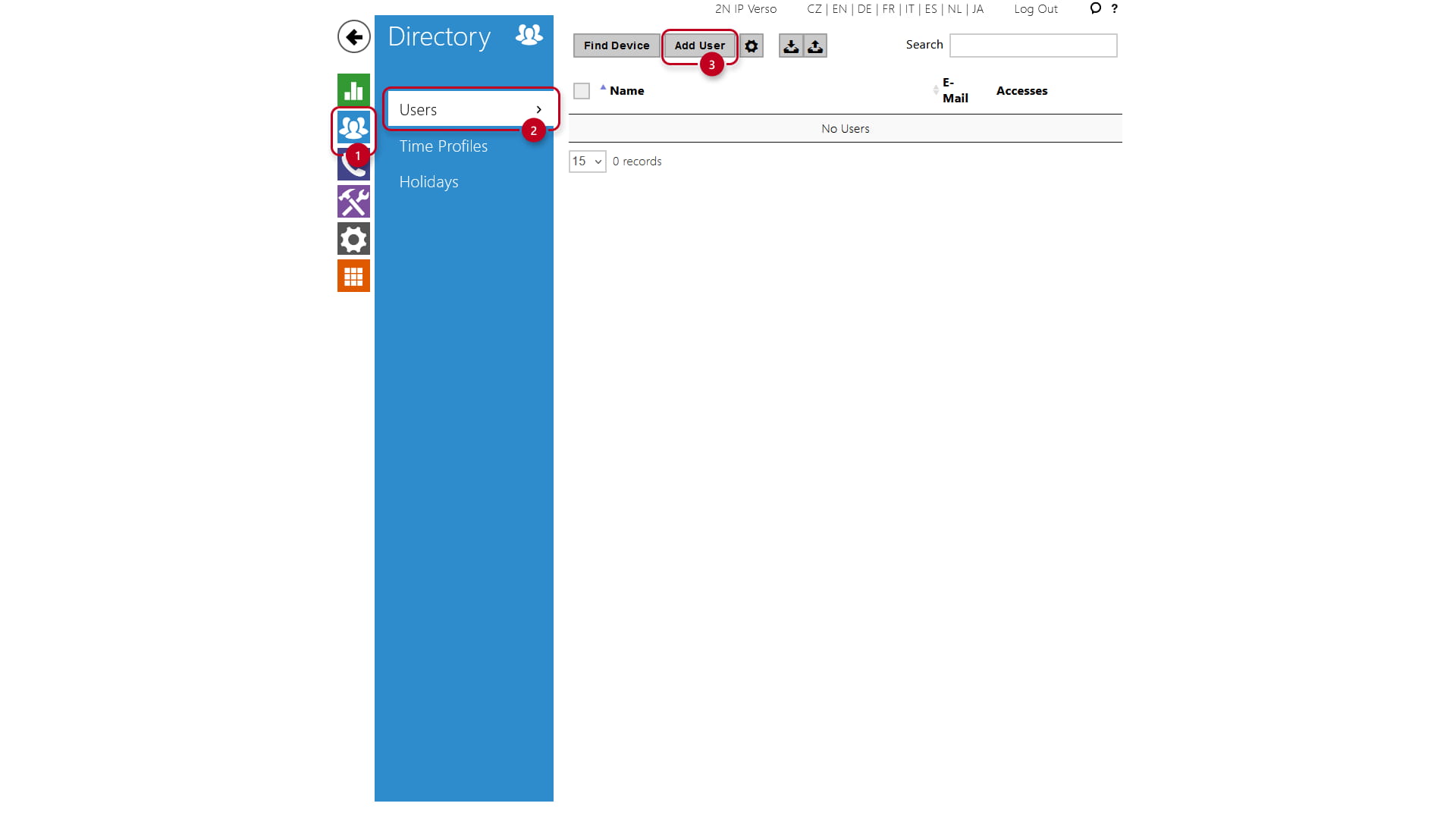 Intercom menu Directory, Users. Button add user