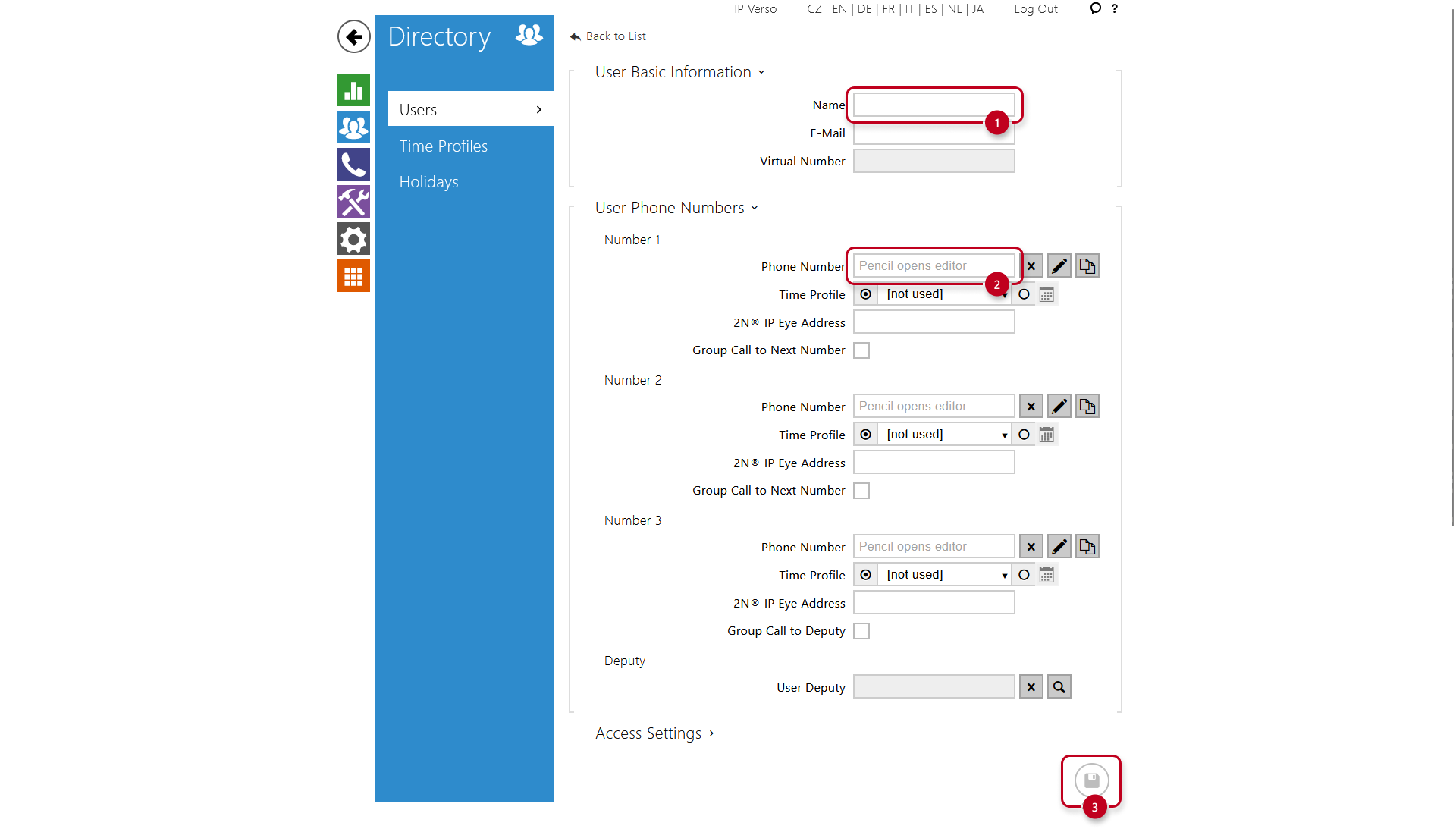 2N Intercom users page with contact fields - name, phone number
