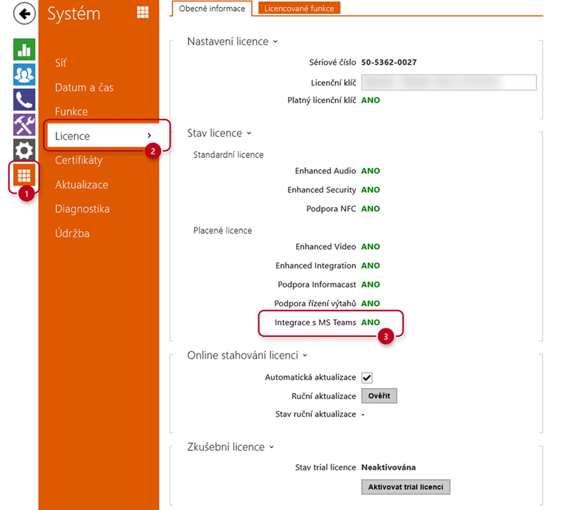 License page with MS Teams Integration license line