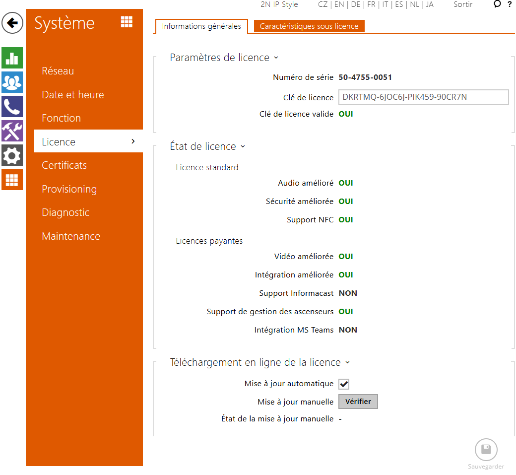 License page with MS Teams Integration license line