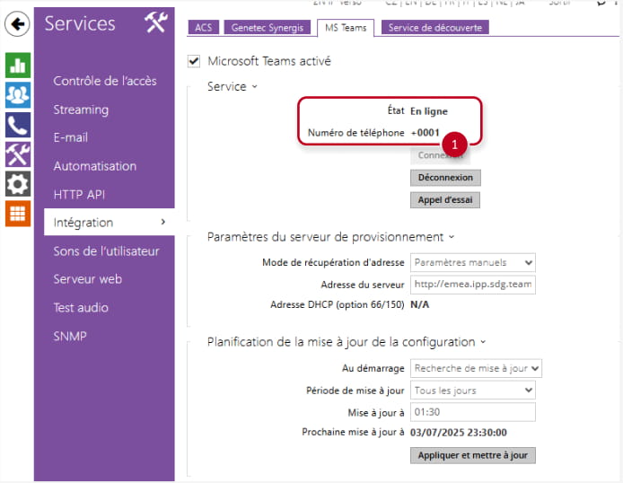 Intercom interface with registration state online and assigned phone number