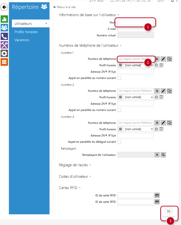 2N Intercom users page with contact fields - name, phone number