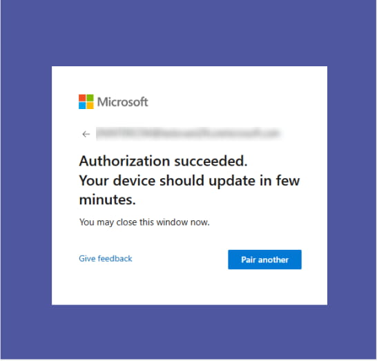 Microsoft pairing website with text authorization succeeded