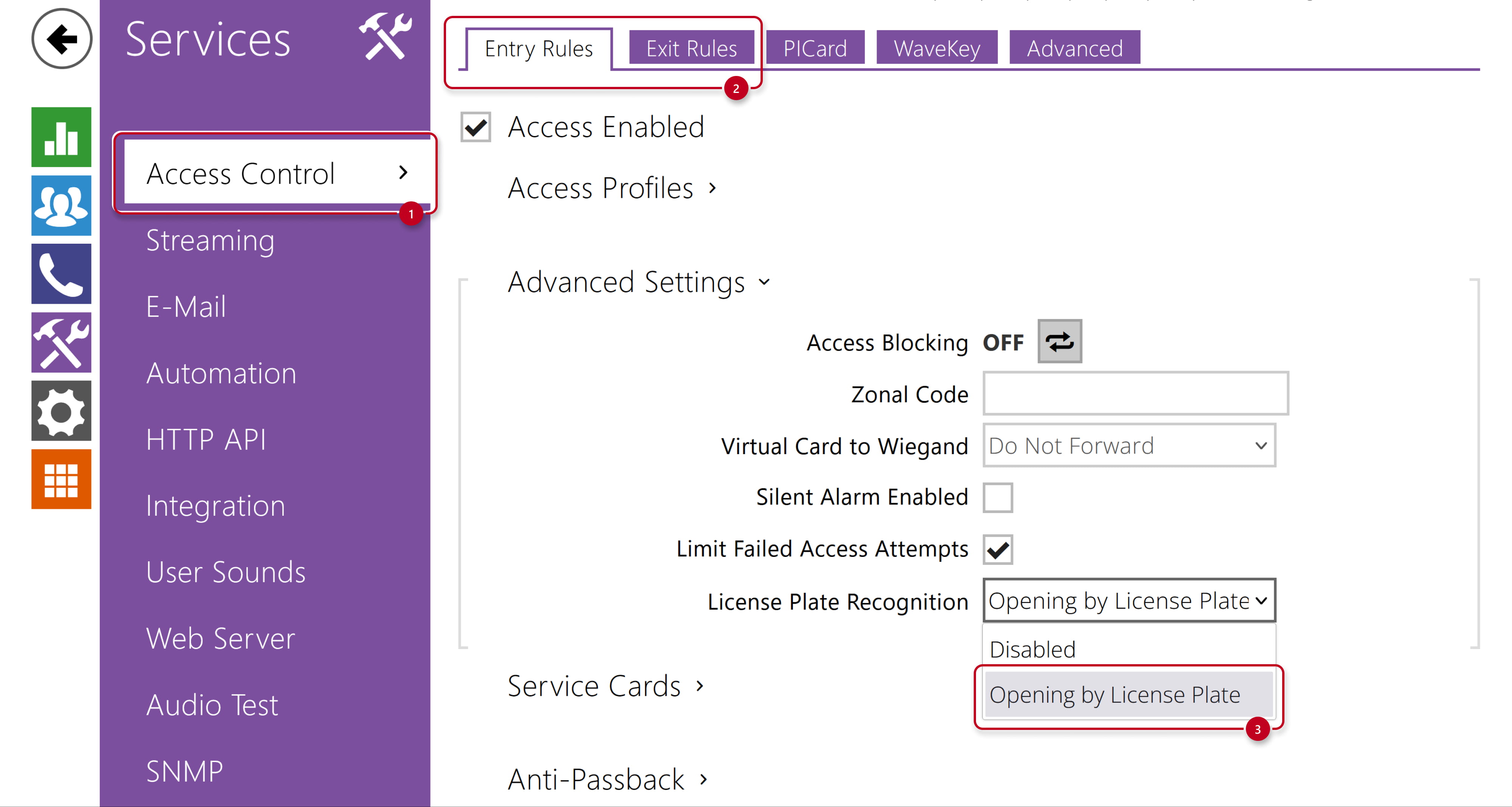 2N IP Intercom - Services - Access Control - Enable LPR