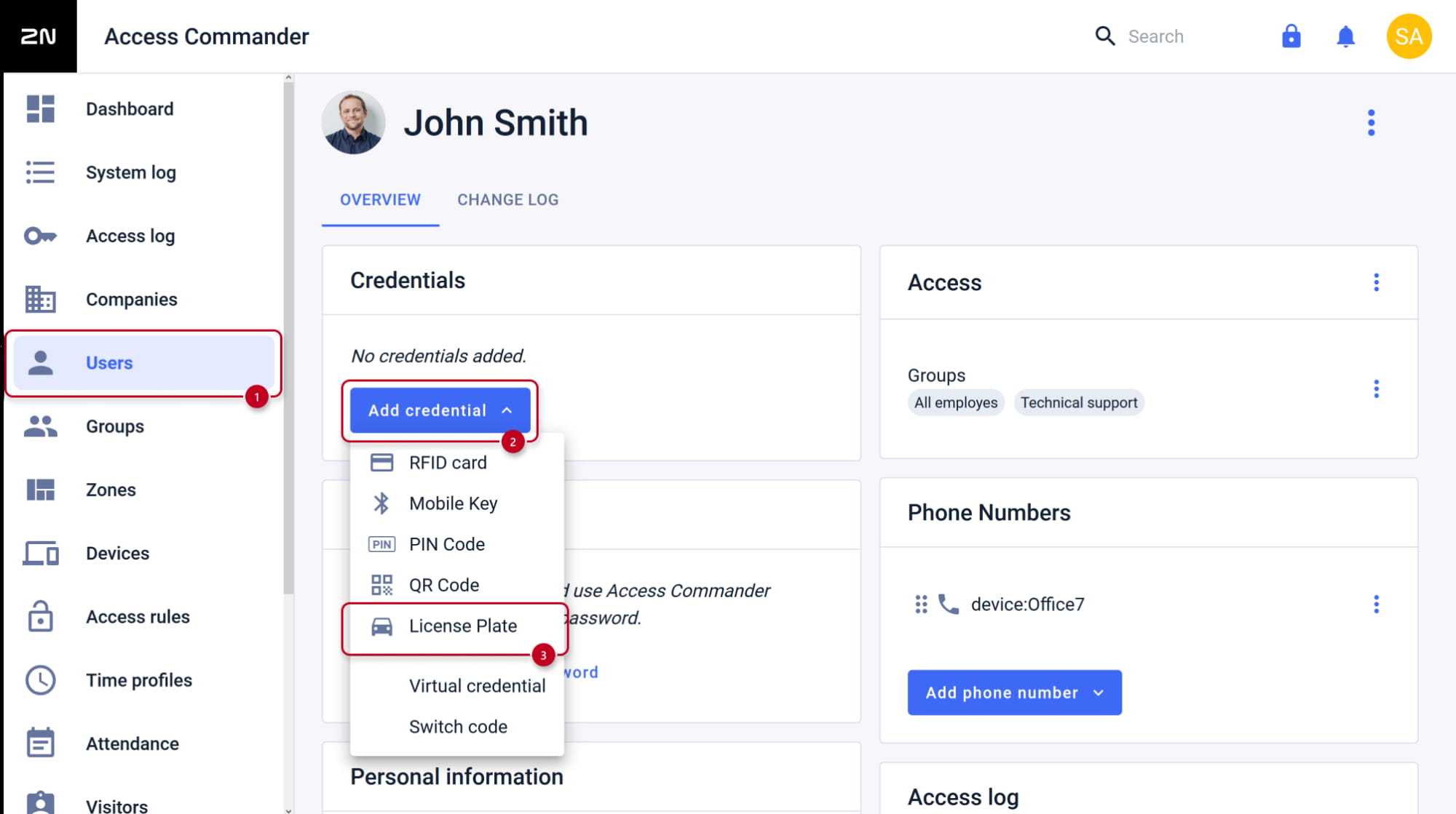2N Access Commander - Users - Add credential - License plate