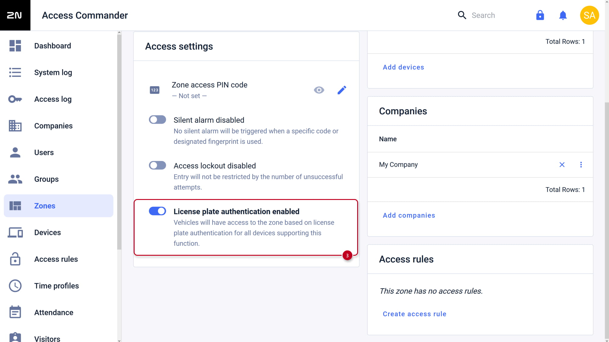 2N Access Commander - Zones - License plate authentication enabled
