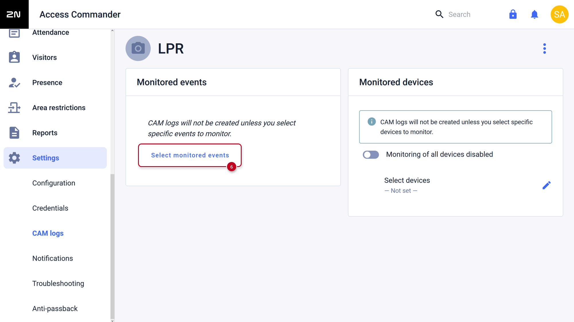 2N Access Commander - Settings - CAM logs - Select monitored events