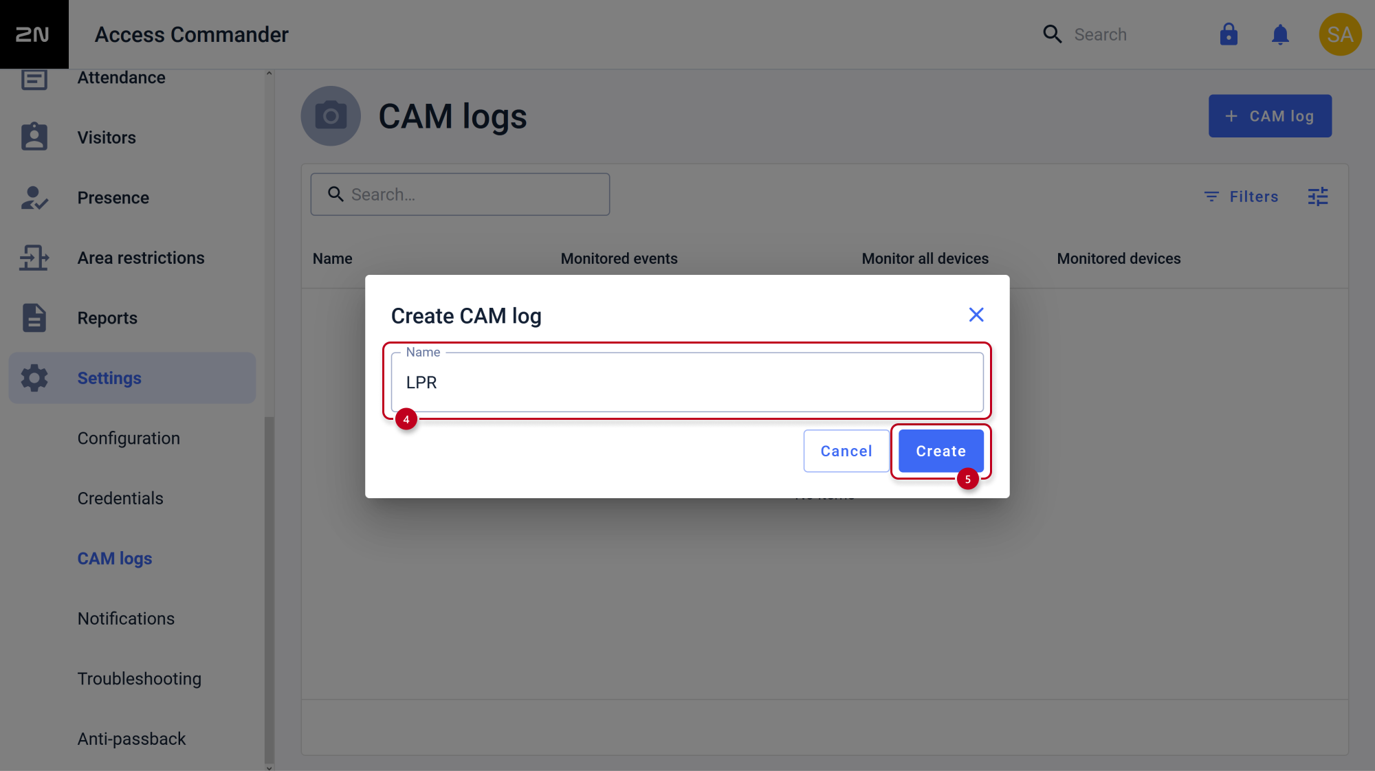 2N Access Commander - Settings - CAM logs - add new cam log - name