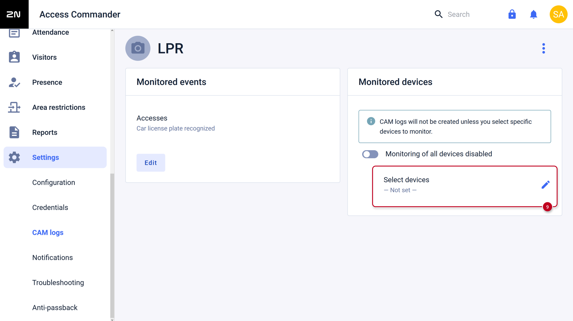 2N Access Commander - Settings - CAM logs - Select devices