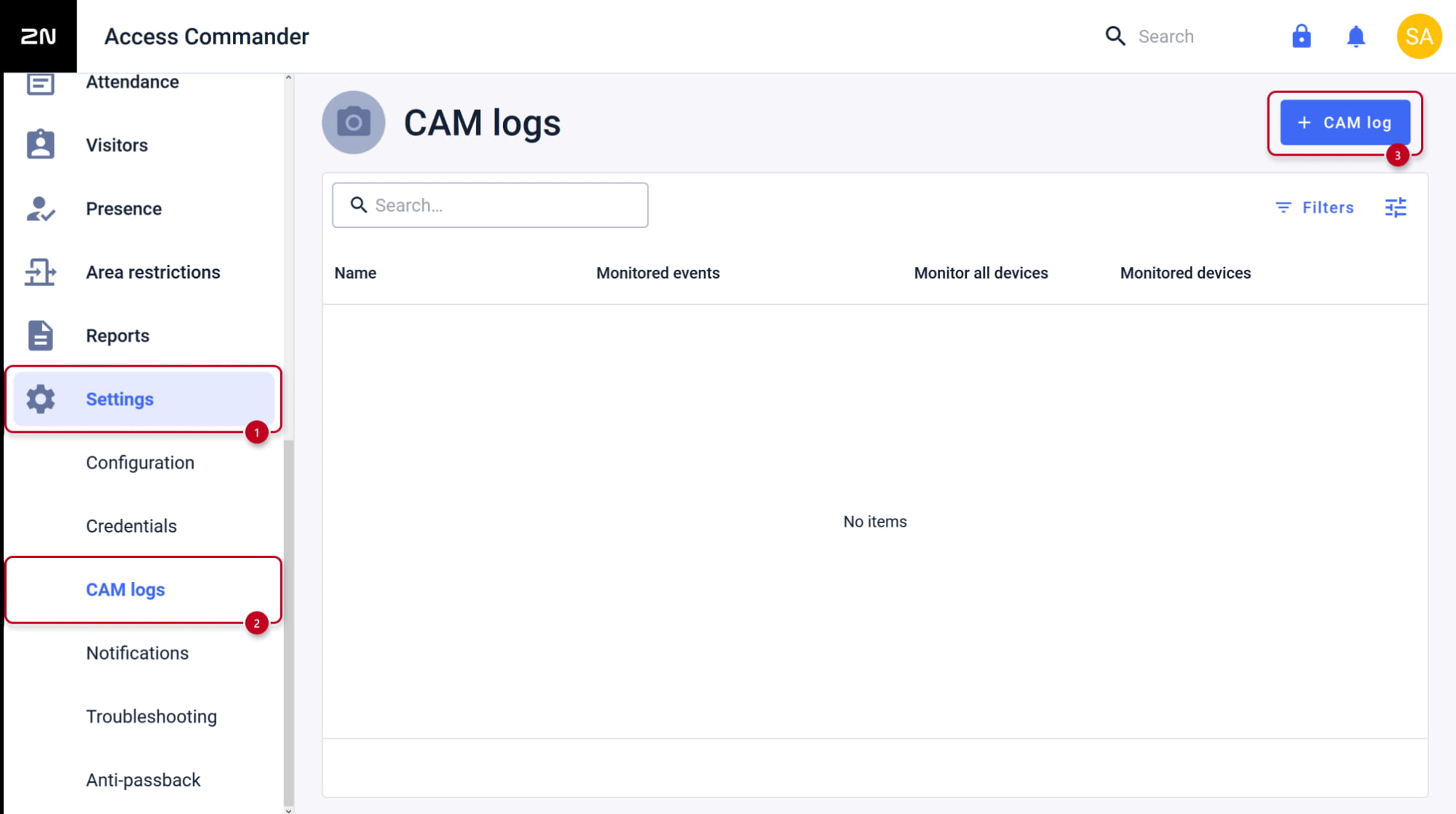 2N Access Commander - Settings - CAM logs - add new cam log