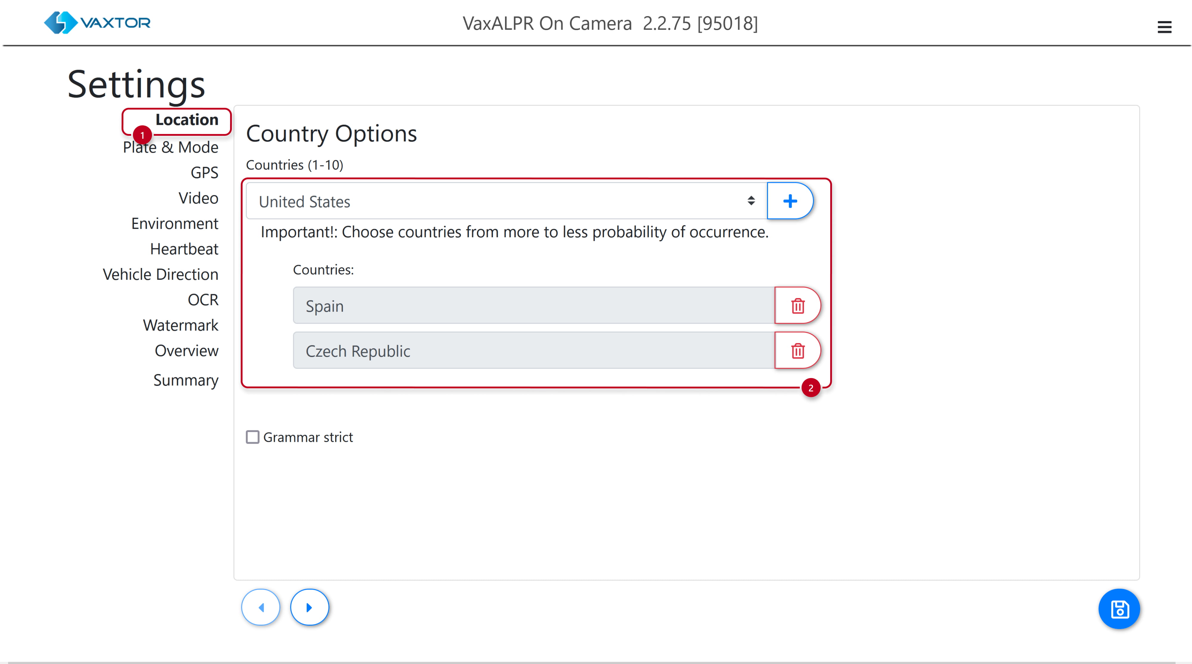VaxALPR - Settings - Location