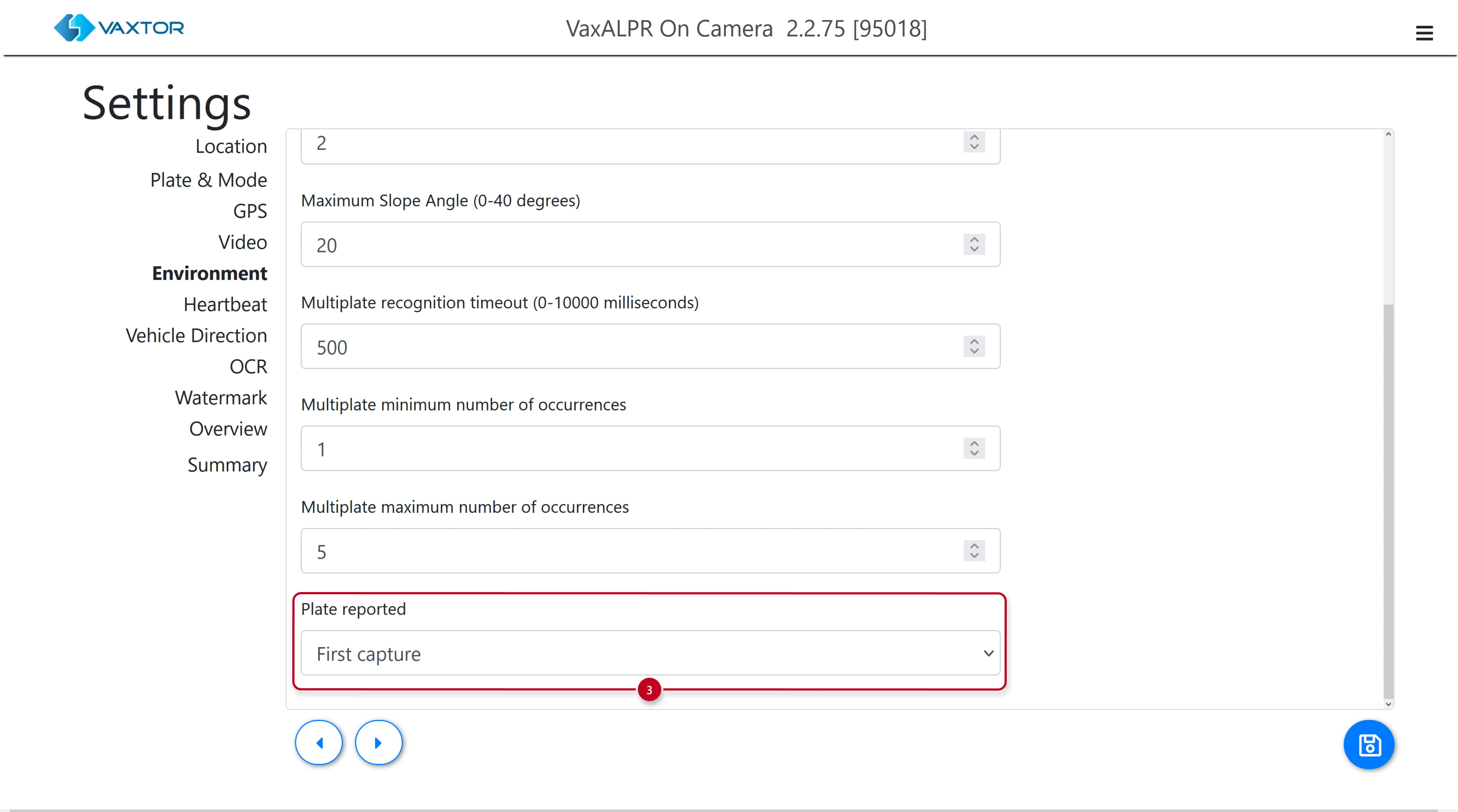 VaxALPR - Settings - Environment - next parameters