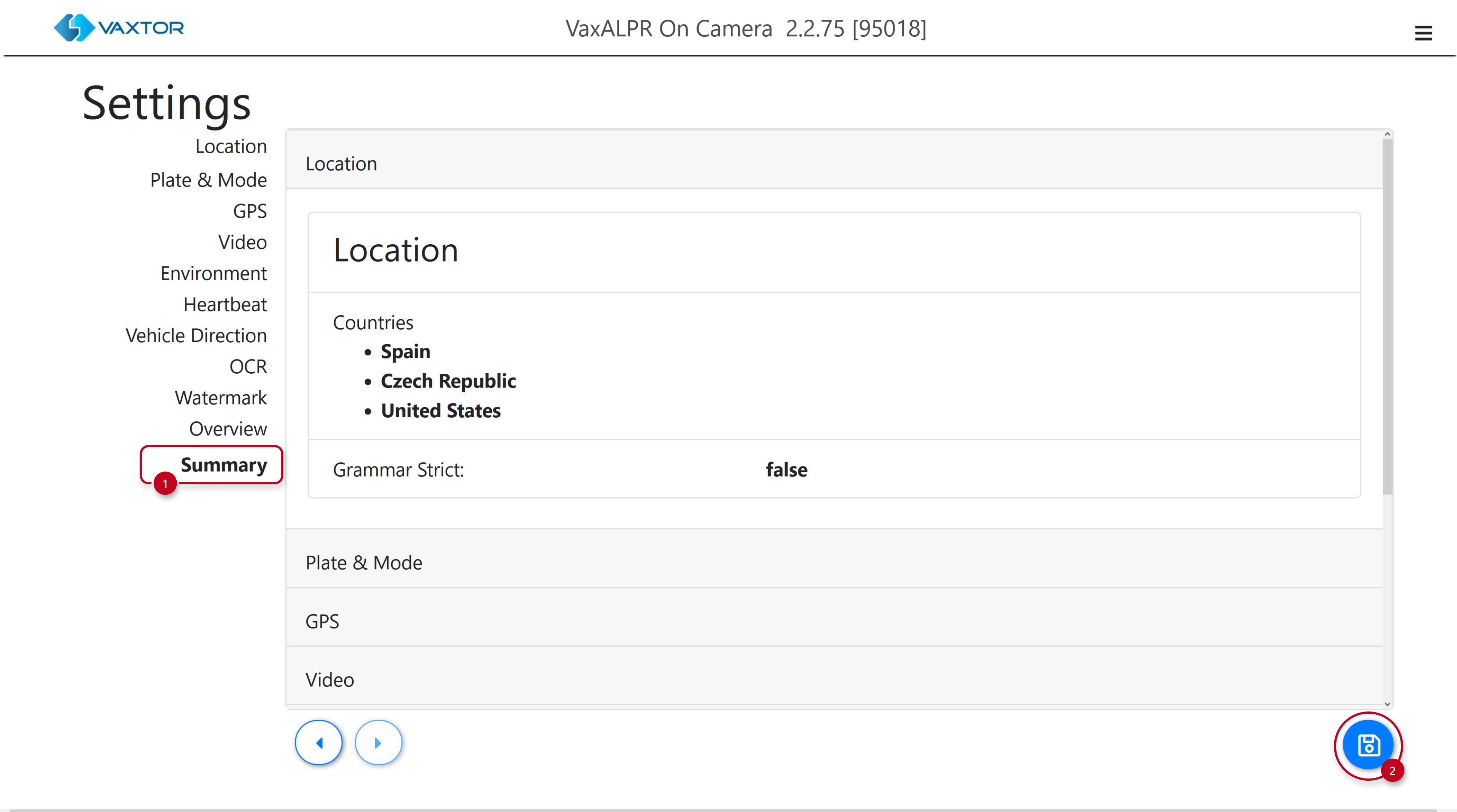 VaxALPR - Settings - Summary