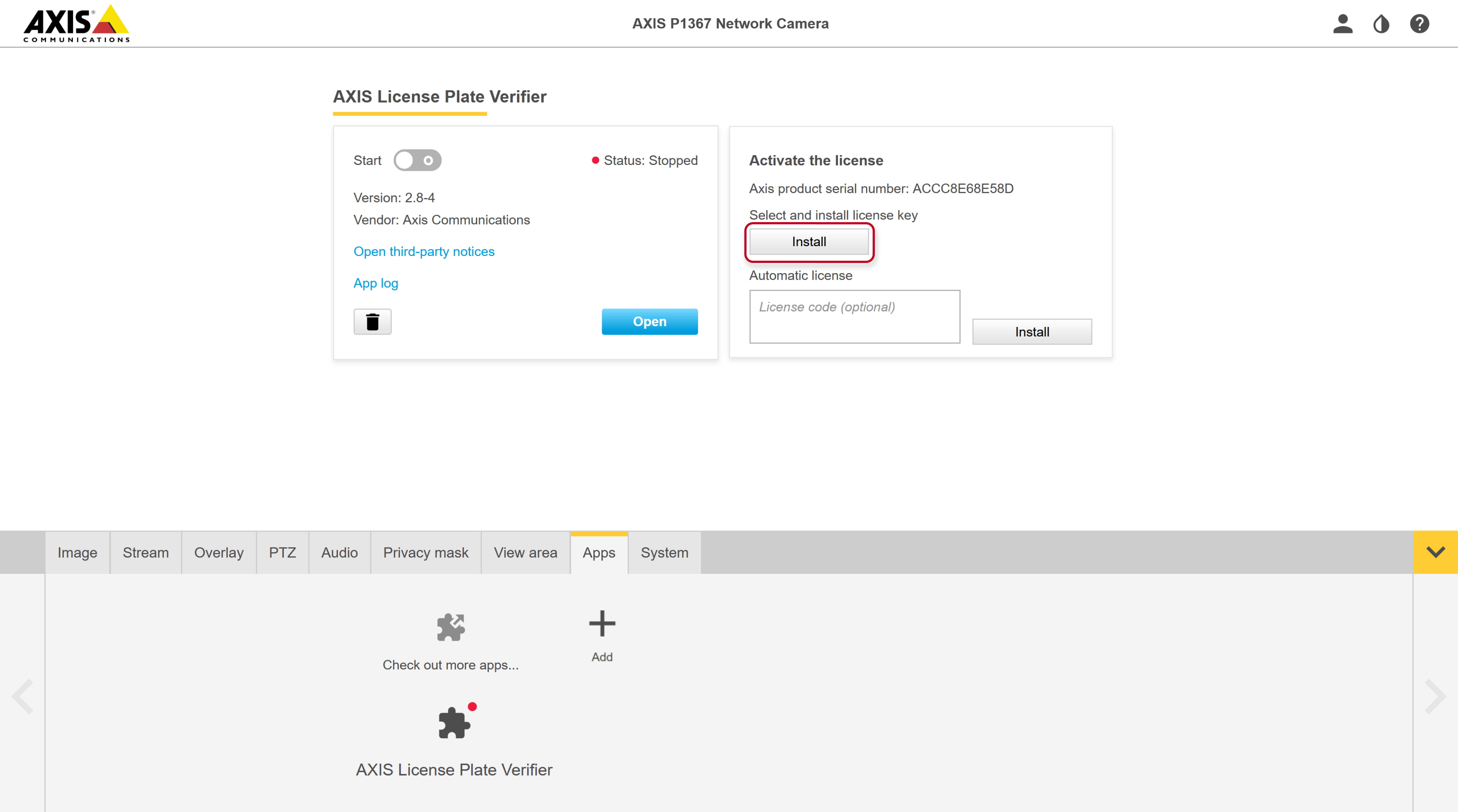 Axis network camera - ALPV - add the license