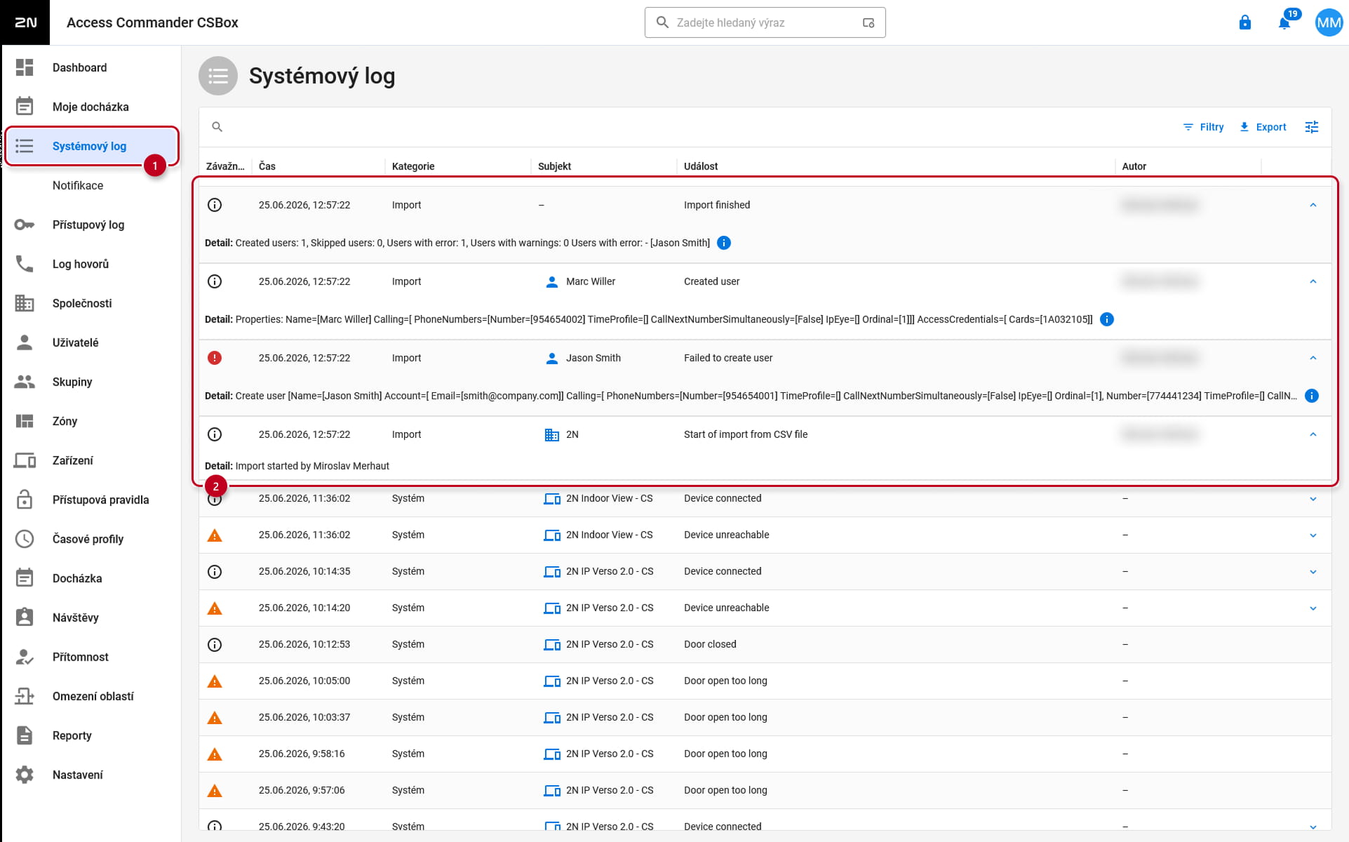 2N Access Commander - Import CSV - Systémový log