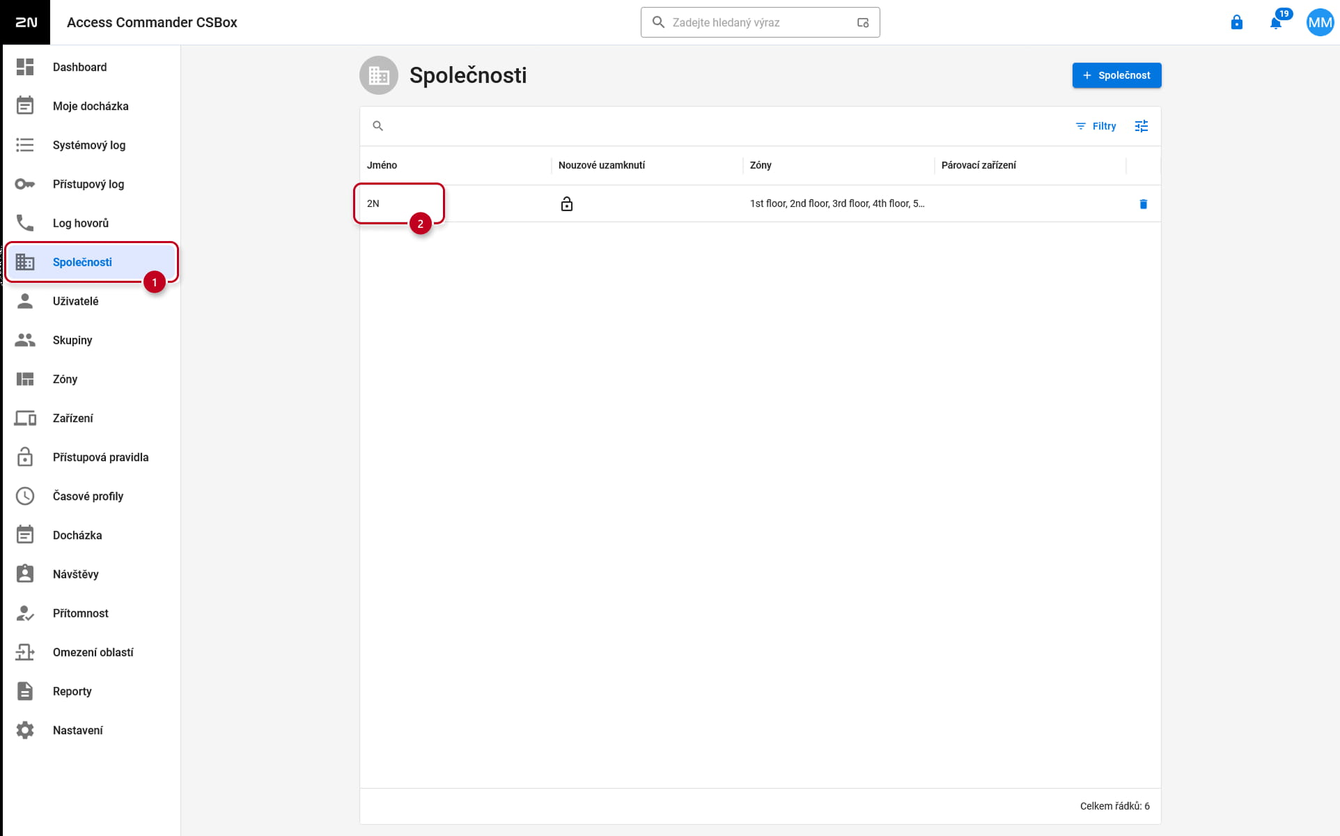 2N Access Commander - Společnosti - Otevřete podrobnosti o vaší společnosti
