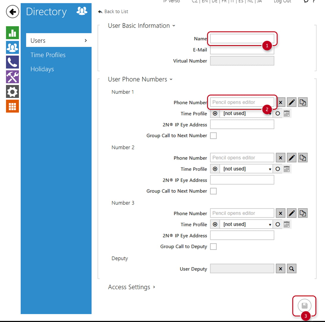 2N Intercom users page with contact fields - name, phone number
