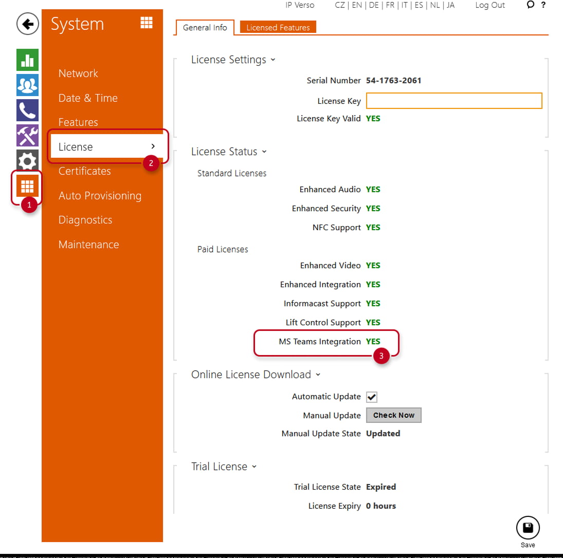 License page with MS Teams Integration license line
