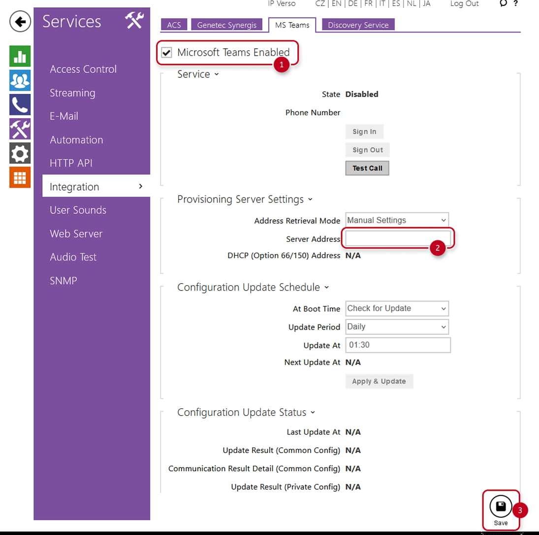 Integration page with Microsoft Teams tab and server address field