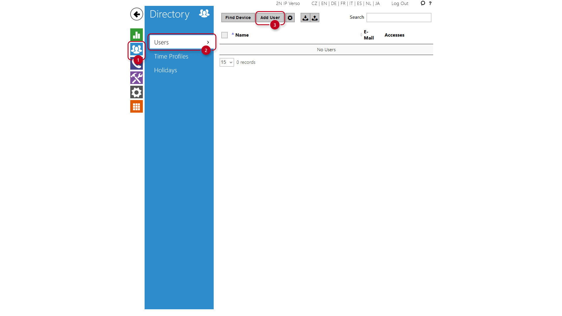 Intercom menu Directory, Users. Button add user