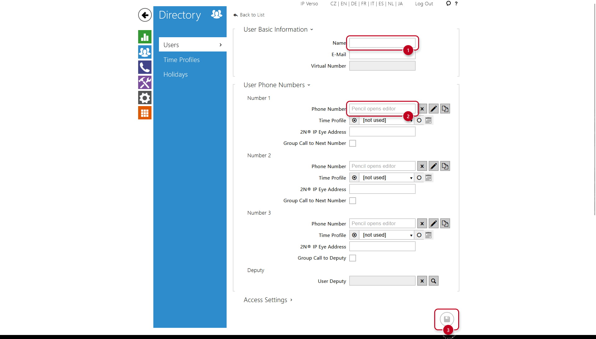 2N Intercom users page with contact fields - name, phone number