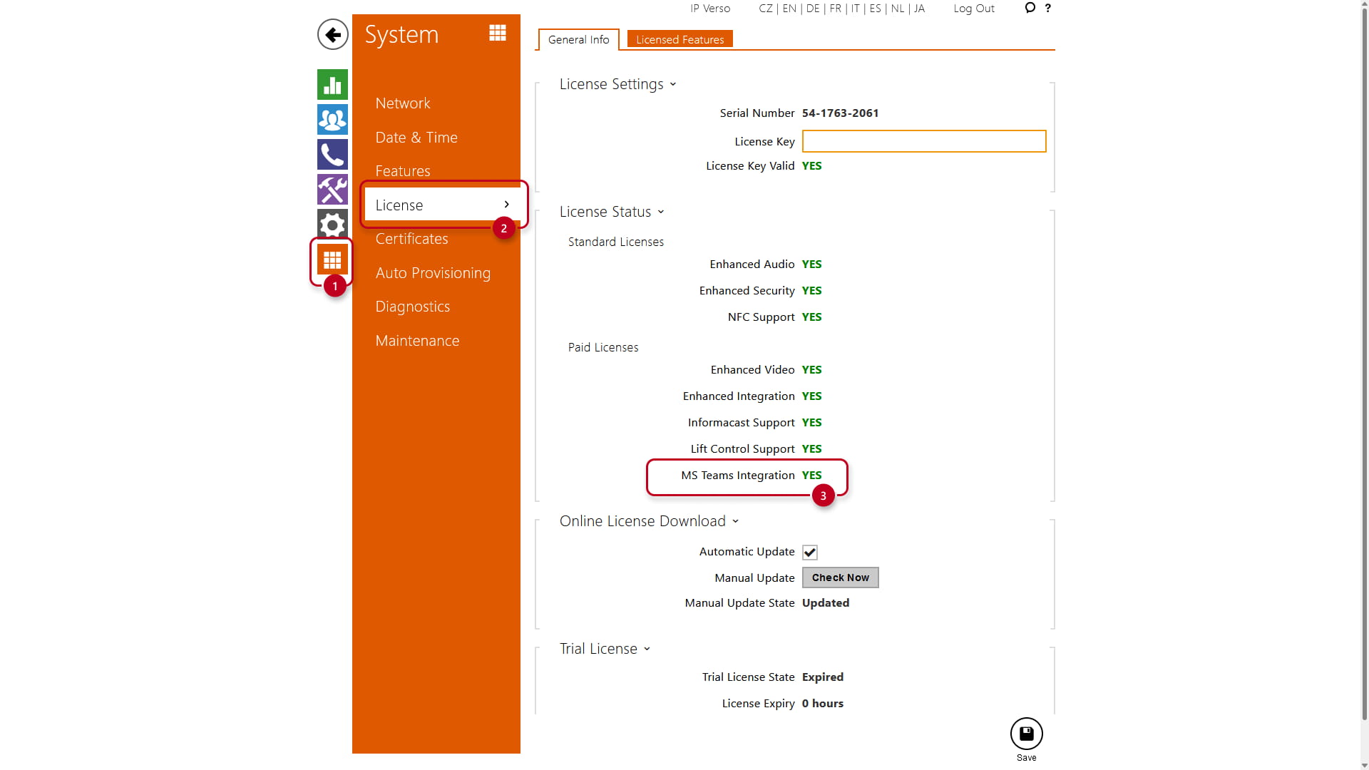 License page with MS Teams Integration license line