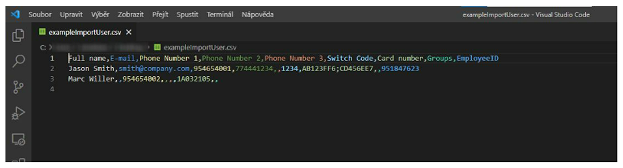 2N Access Commander - Import CSV - CSV soubor ve Visual Studiu