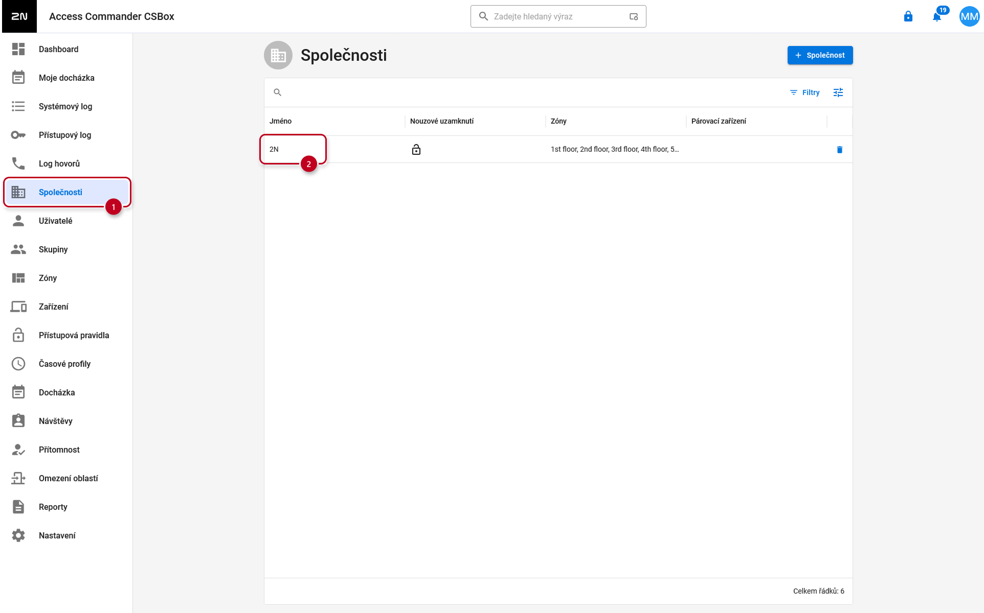 2N Access Commander - Společnosti - Otevřete podrobnosti o vaší společnosti