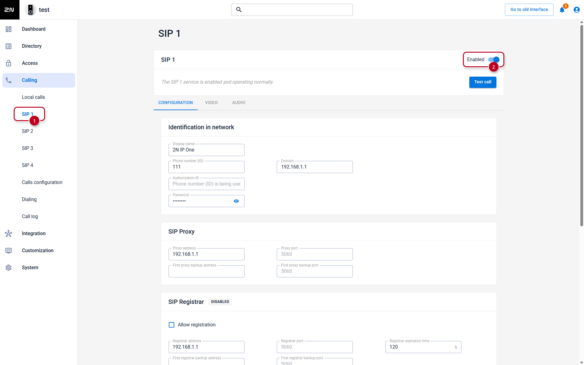 2N IP Intercom - Calling - SIP 1 - Configuration