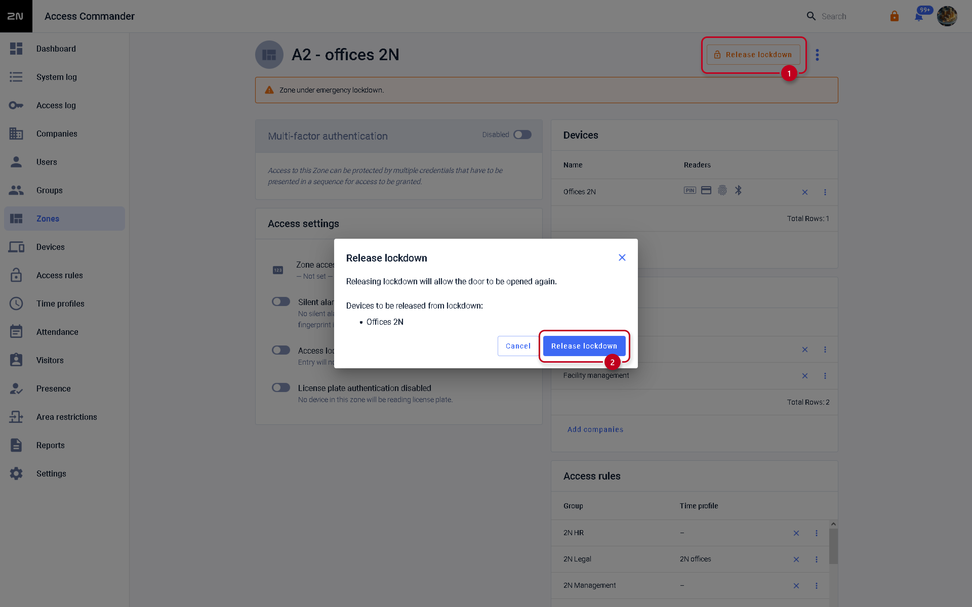 Image showing lockdown release feature on zone level. 