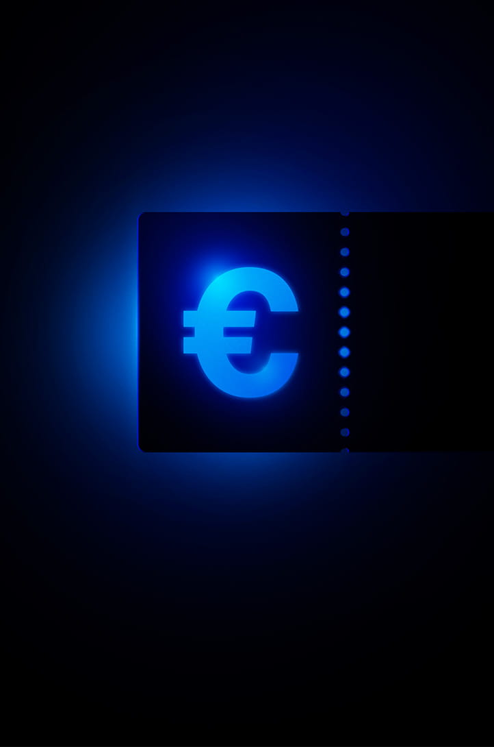 Symbole euro bleu néon 2N qui brille sur un bon sombre