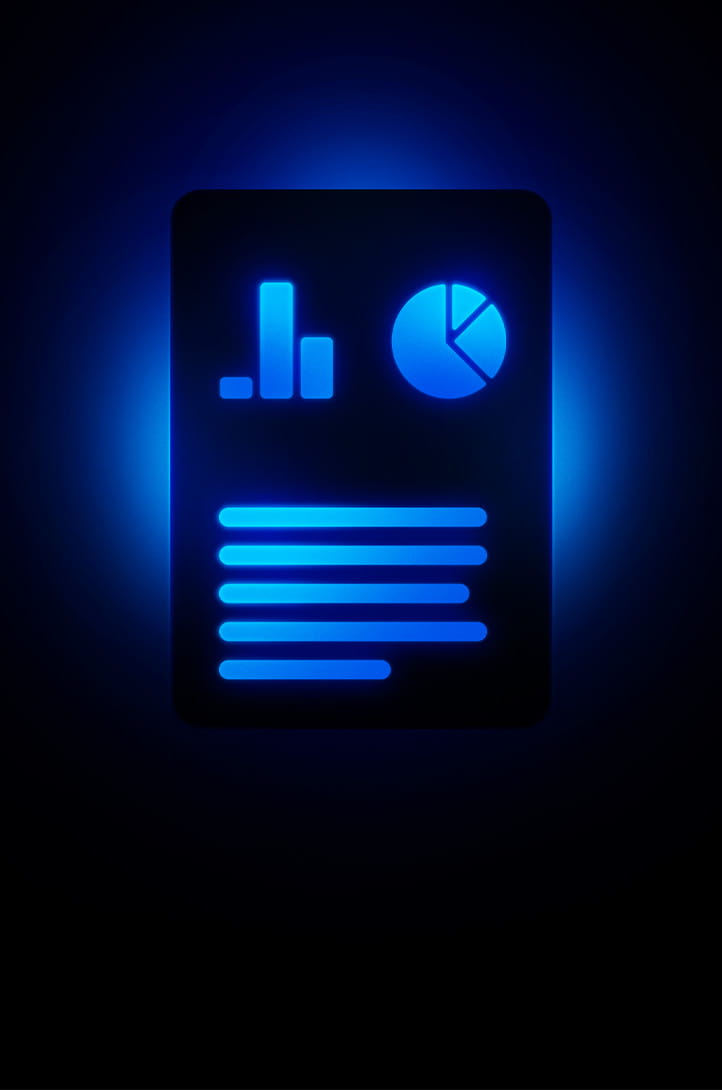 Document 2N bleu néon lumineux avec un graphique à barres, un graphique circulaire et des lignes de texte sur un fond sombre