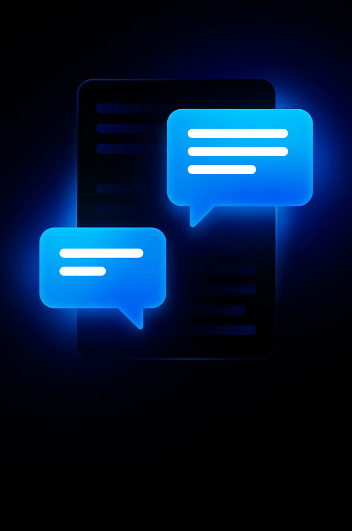 Deux bulles de dialogue néon bleu brillant se chevauchant sur un fond sombre avec de légères lignes de texte.