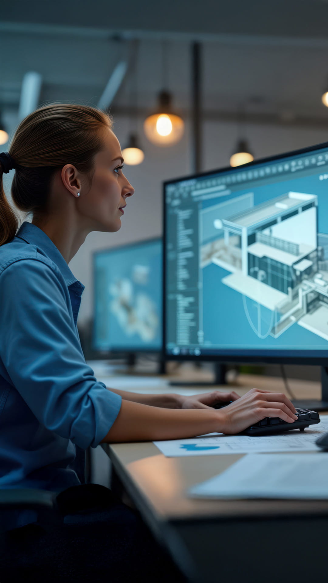 Femme designer travaillant sur un plan 3D CAD d'une maison sur un écran d'ordinateur.