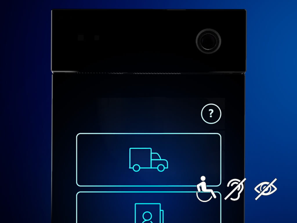 Close-up van een modern zwart 2N-intercomscherm met een gloeiend vrachtwagenpictogram en toegankelijkheidssymbolen.