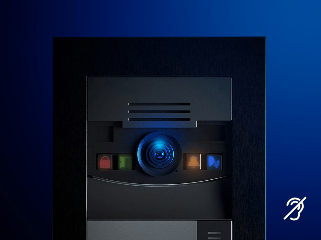 Close-up van een donkere 2N intercomunit met een gloeiende blauwe cameralen en een symbool voor toegankelijkheid voor doven.
