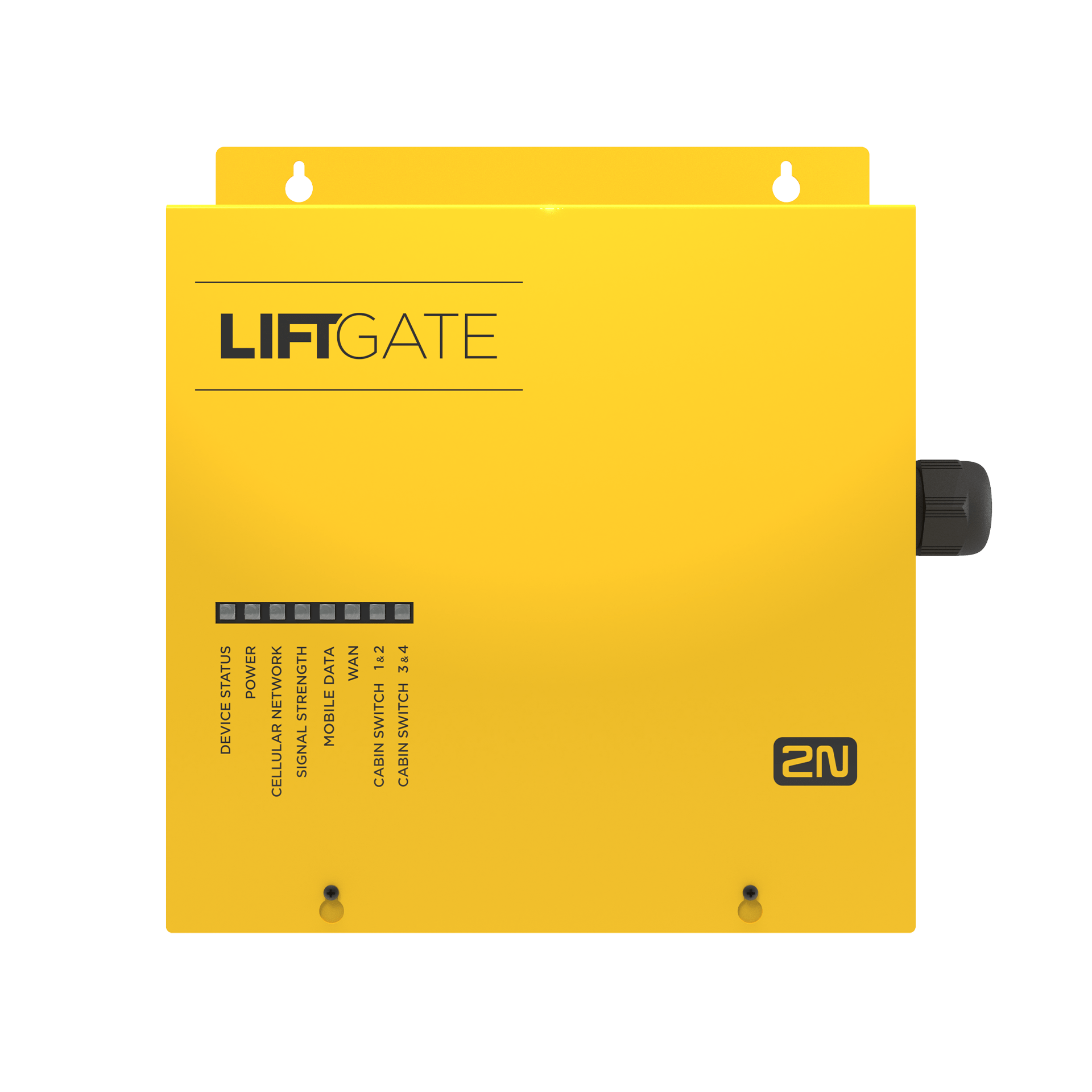 Un dispositivo elettronico giallo brillante etichettato LIFTGATE con una fila di luci indicatorie per lo stato.