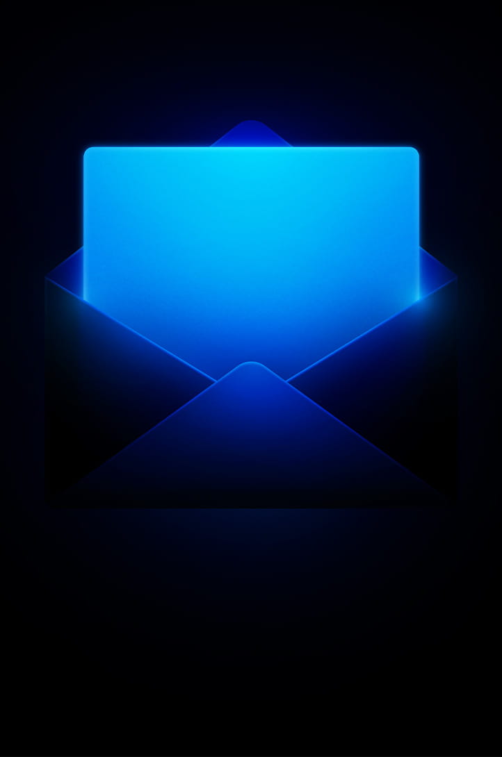 A dark blue envelope icon with a brightly glowing blue paper emerging, symbolizing an email notification.