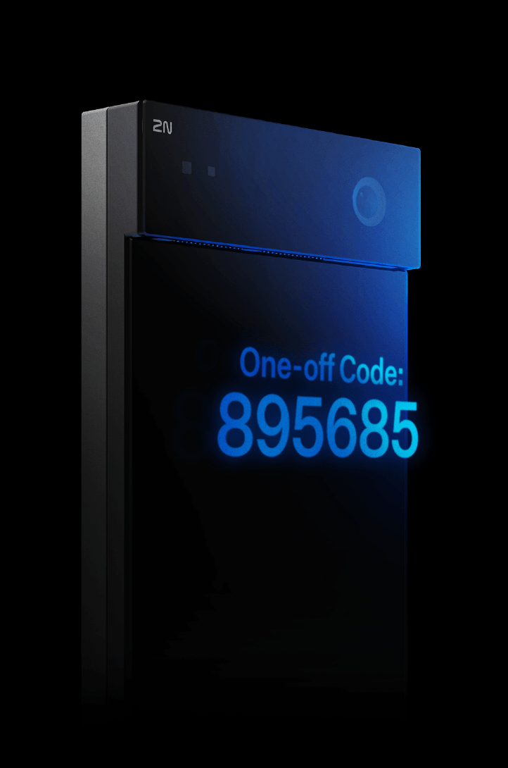 A dark, vertical access device displaying a glowing blue "One-off Code" (895685) for entry.