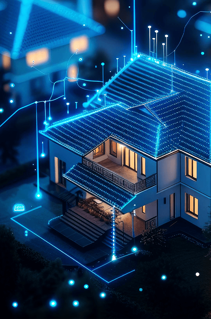 A suburban house overlaid with glowing blue lines, representing a connected smart home network.