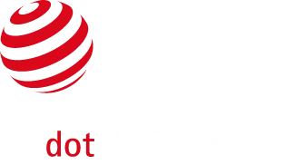 A logo with a large red spherical graphic and small red text below on a dark background.