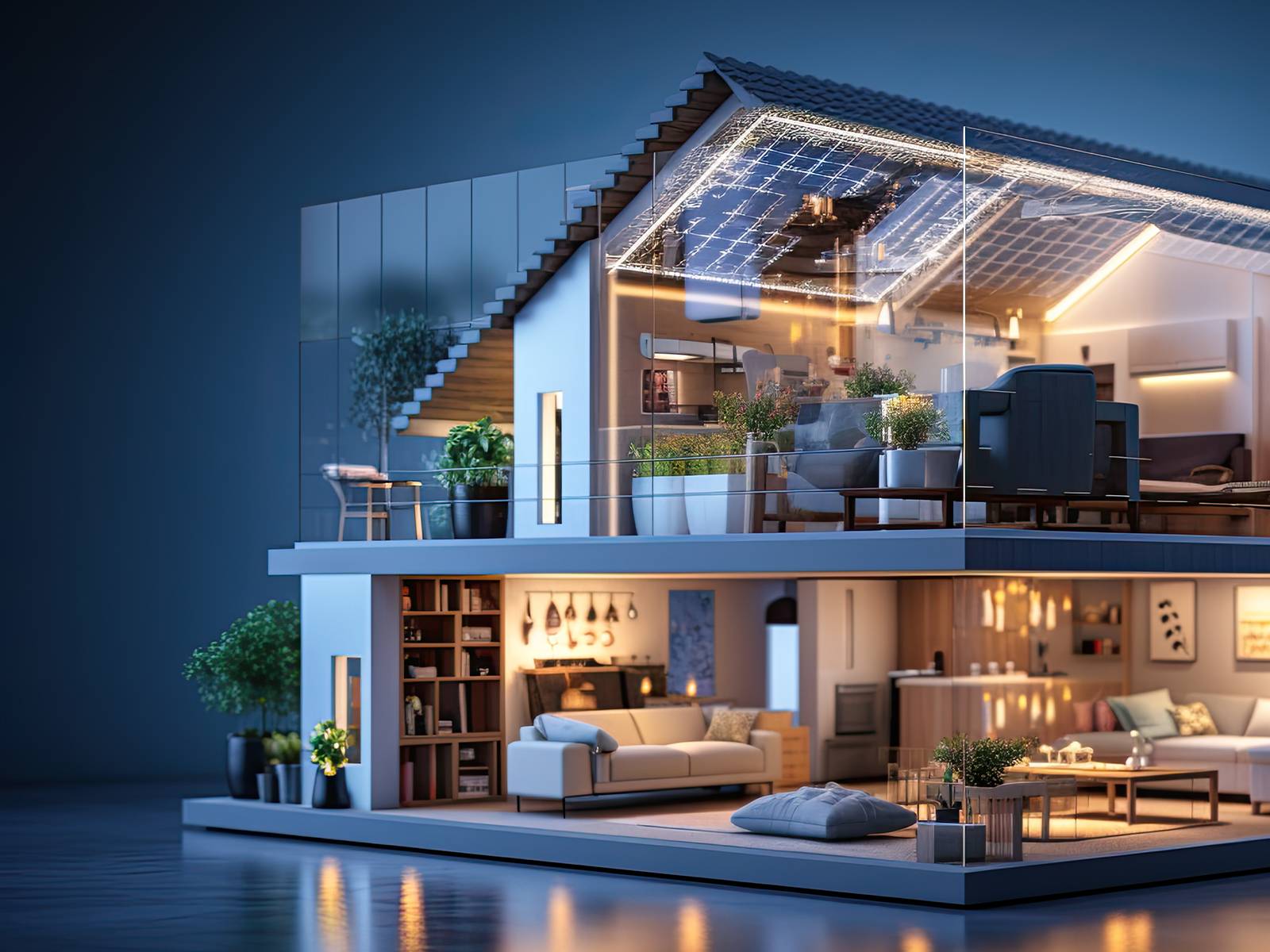 Modern cutaway smart home interior showcasing multiple furnished rooms with warm lighting and contemporary design elements.
