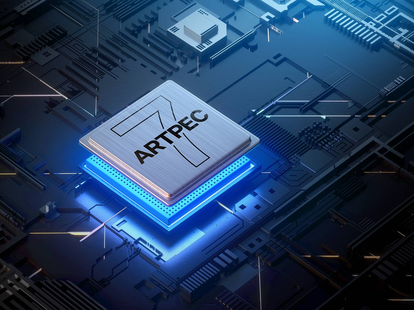 Close‑up of an ARTPEC‑7 processor chip glowing blue on a detailed electronic circuit board.