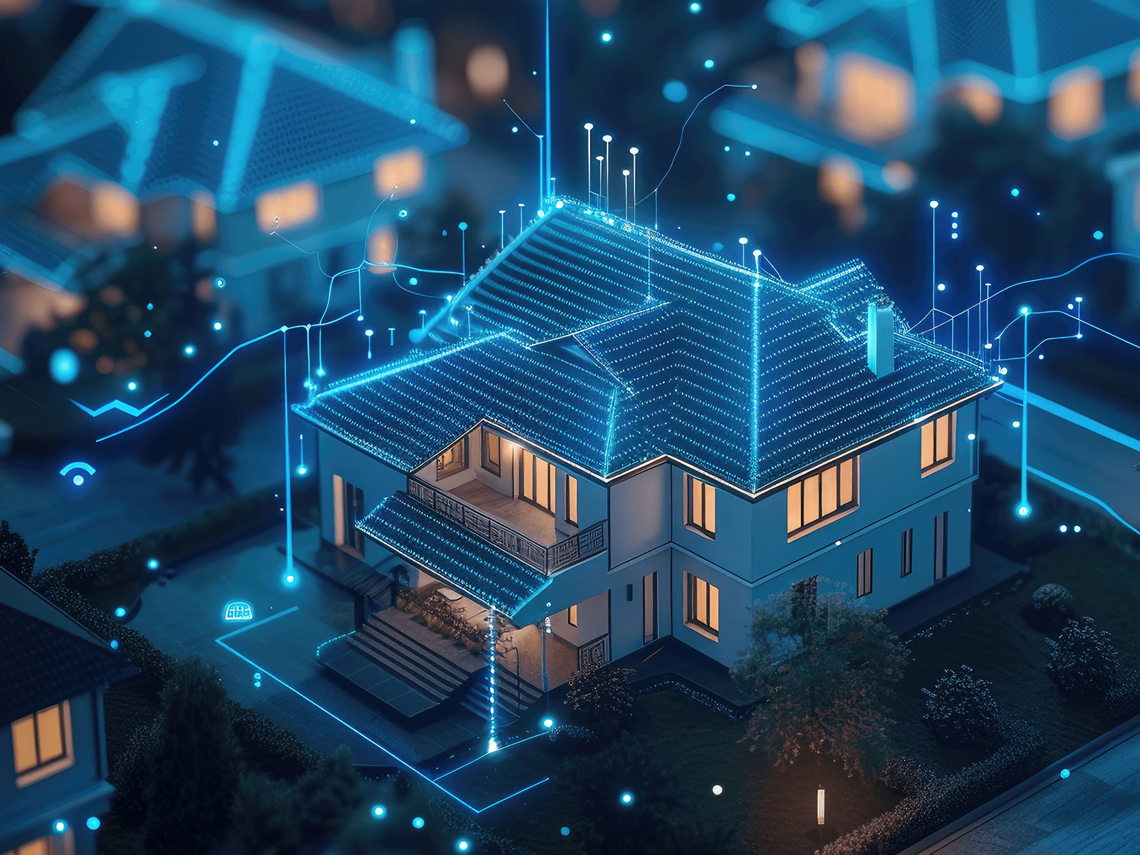 Digitally connected smart home glowing with blue network lines illustrating advanced residential automation.