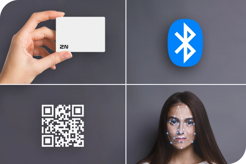 Métodos de acceso ilustrados con una tarjeta de acceso, ícono de Bluetooth, código QR y una persona sosteniendo credenciales.