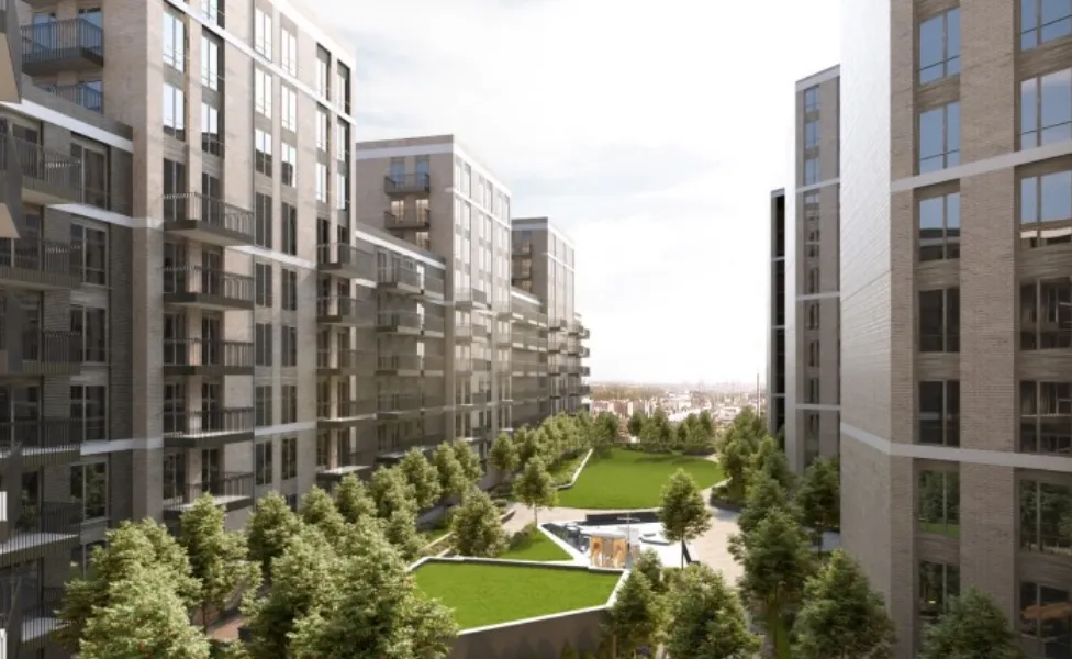 Rendering of a modern apartment complex with a large green courtyard and young trees.