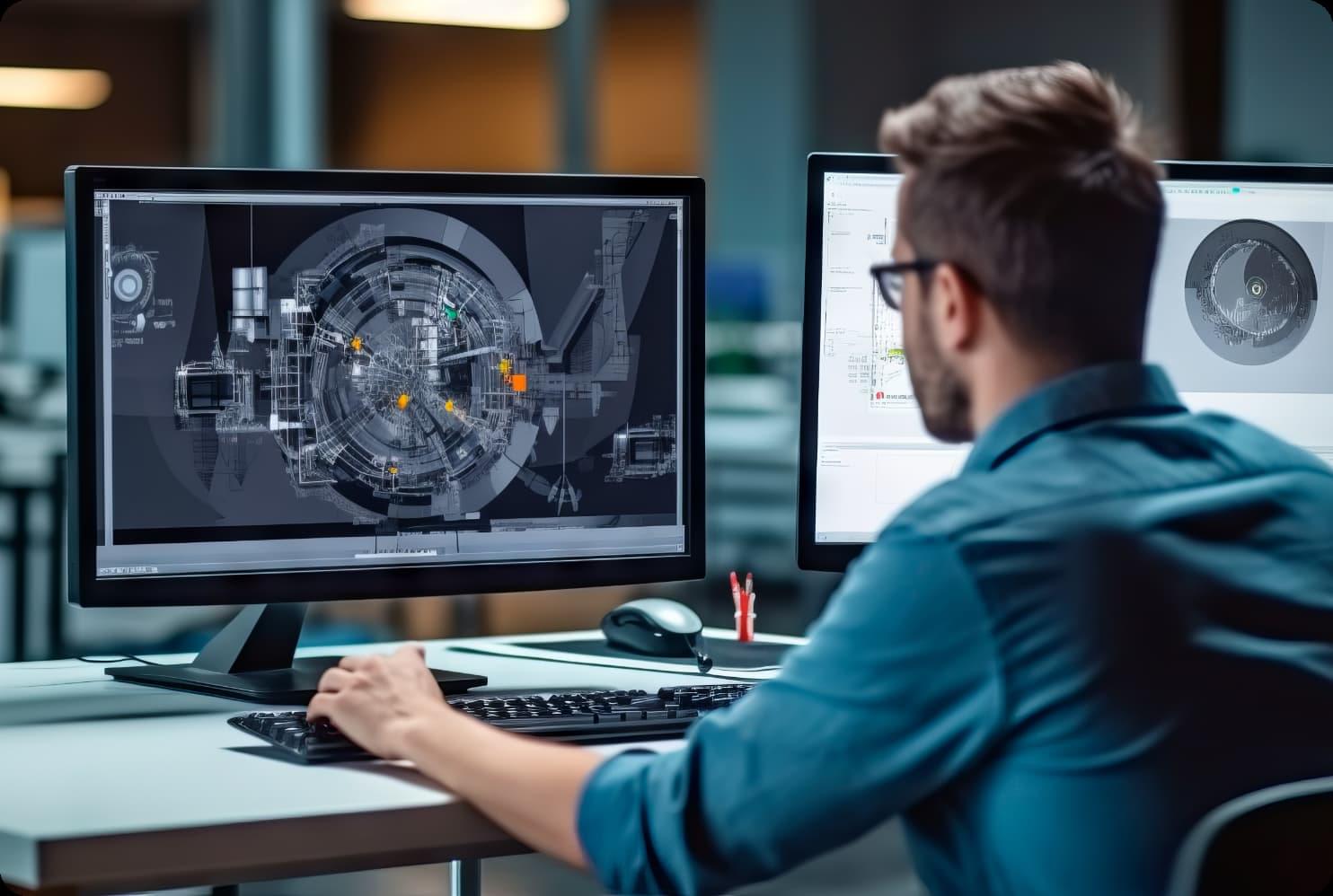 Um homem com óculos trabalha num computador com dois monitores a mostrar modelos de engenharia em 3D.