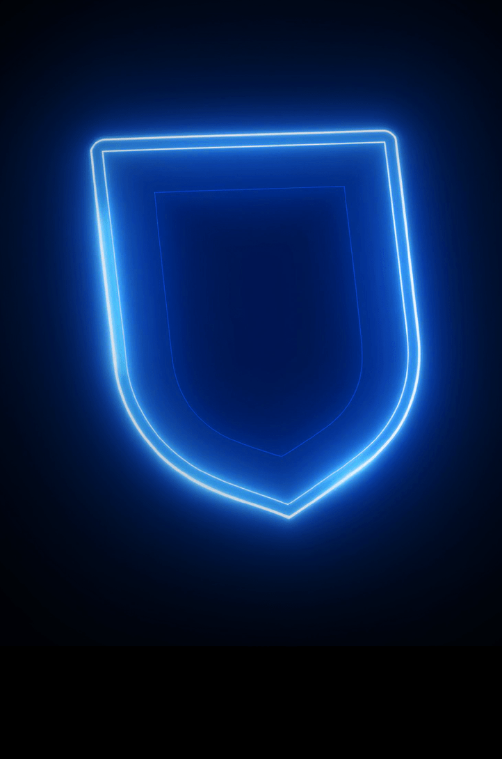 Een simpel schild dat met fel neonblauw licht tegen een superdonkere achtergrond is getekend.