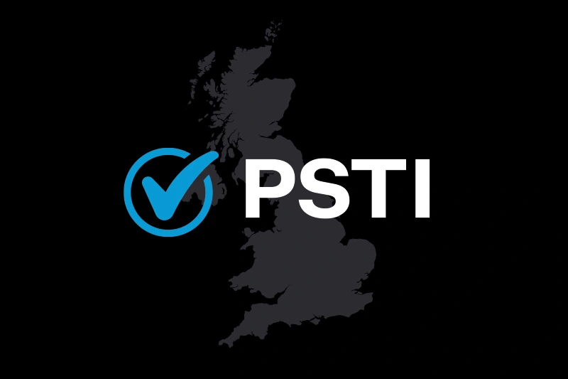 The acronym "PSTI" next to a blue checkmark, superimposed on a dark map silhouette of the UK.