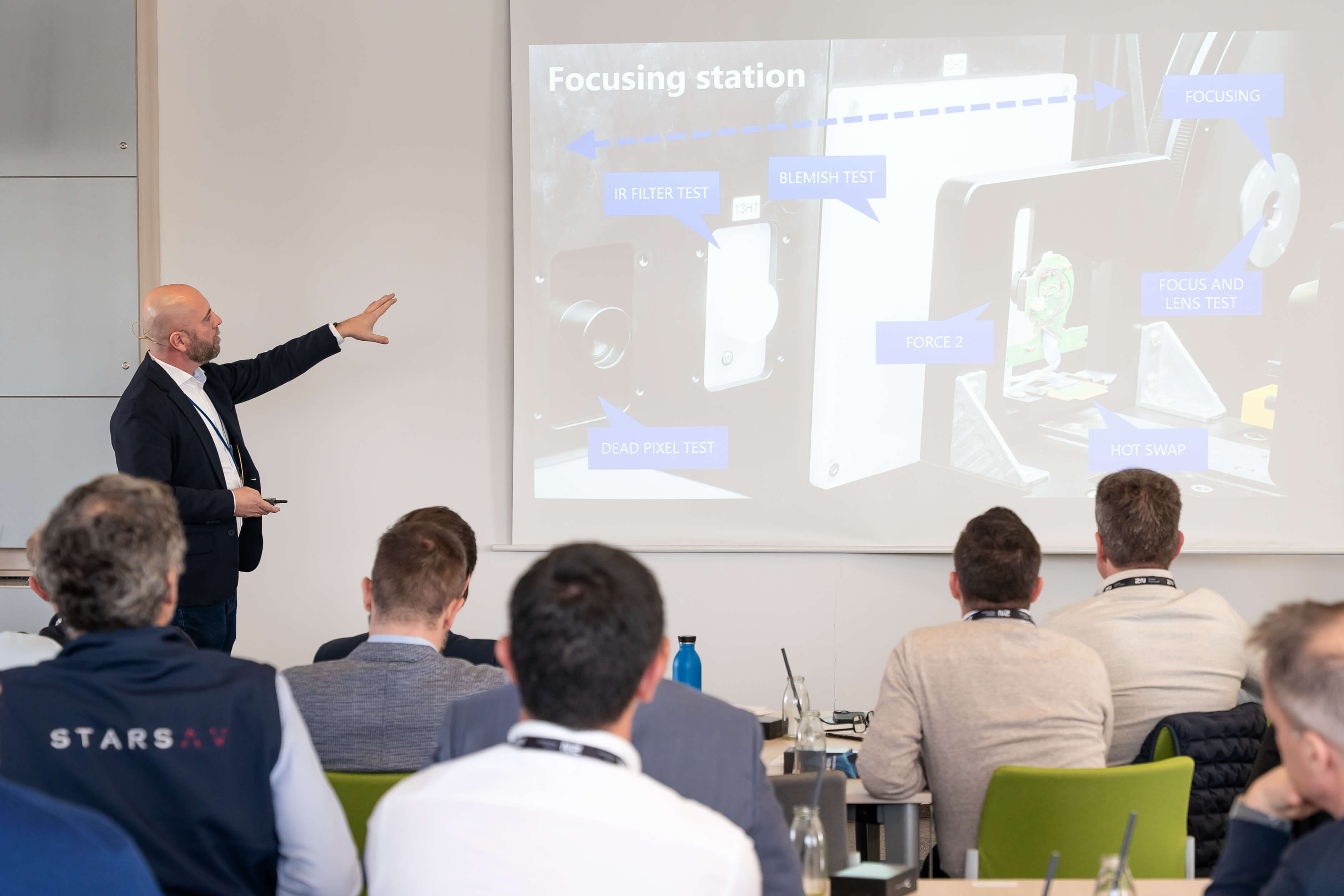 Presenter points to a technical slide labeled "Focusing station" during a conference.